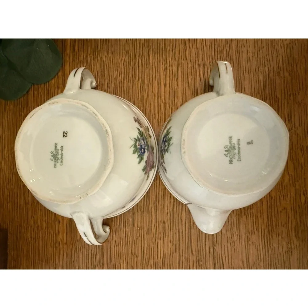 Pirkenhammer PIR4 Creamer Sugar Bowl Lid Floral Gold Czechoslovakia China